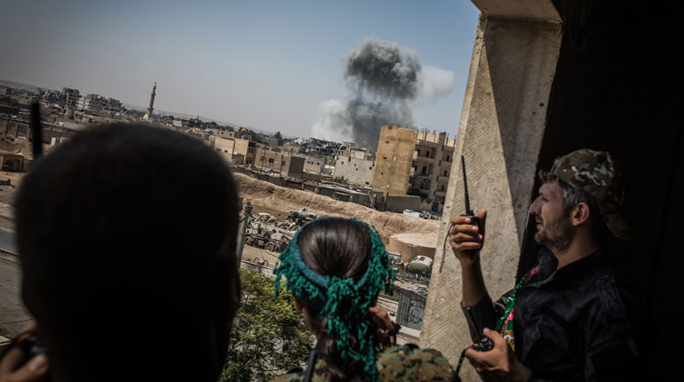 A photo of SDF soldiers in Raqqa, Syria.