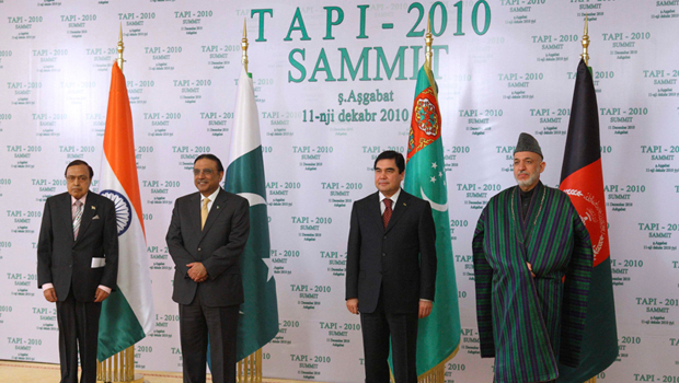 Indian Petroleum Minister Murli Deora, Pakistani President Asif Ali Zardari, Turkmen President Gurbanguli Berdymukhamedov and Afghan President Hamid Karzai, from left, pose for a photo during a meeting in Ashgabat, Turkmenistan, December 2010 to discuss the long-proposed TAPI pipeline. (PA)