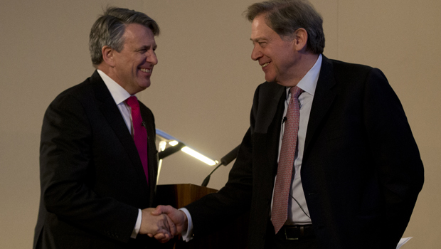 Shell Chief Executive Ben van Beurden (left) and BG’s Andrew Gould confirmed the deal on 8 April. (PA)