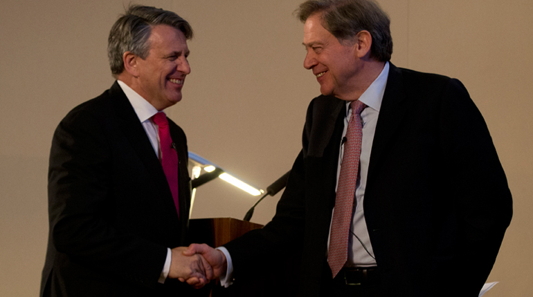 Shell Chief Executive Ben van Beurden (left) and BG’s Andrew Gould confirmed the deal on 8 April. (PA)