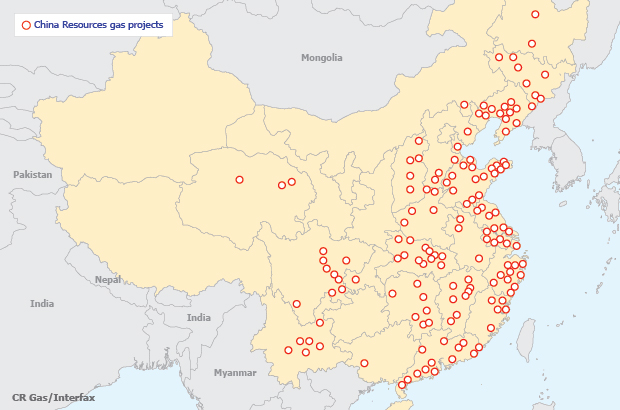 A map showing the gas projects of China Resources Gas at the end of 2012.