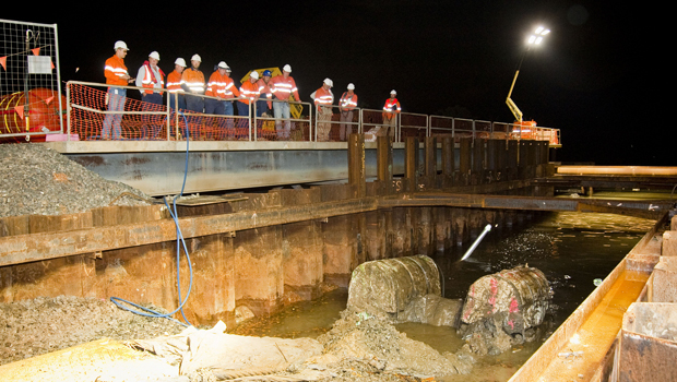 Pipelines arriving on Curtis Island for QCLNG. The project should produce its first LNG next month. (BG Group)