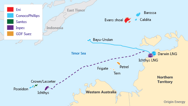 Gas fields and infrastructure in northwest Australia