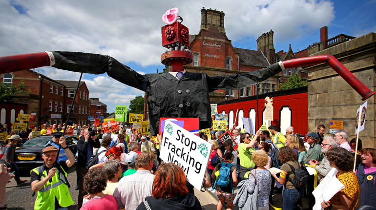 Anti-fracking protesters outside Preston County Hall, Lancashire. (PA)