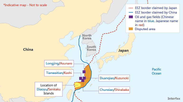 The disputed Senkaku/Diaoyu islands and gas fields in the East China Sea.