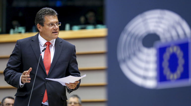 Maros Sefcovic in the European Parliament this week. The EU’s energy union project has many gaps to bridge. (EC)
