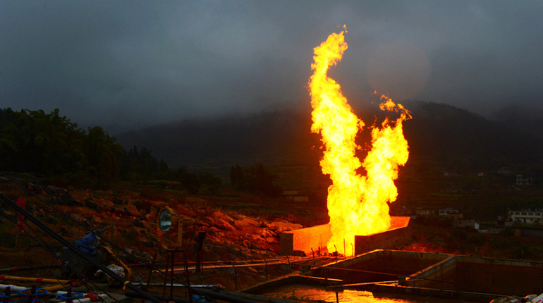 A gas flare from a Sinopec shale well. The company was fined by the MLR last month. (Sinopec)