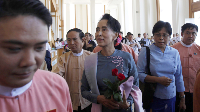 Aung San Suu Kyi attends a session at the Burmese parliament following her party’s election victory. (PA)