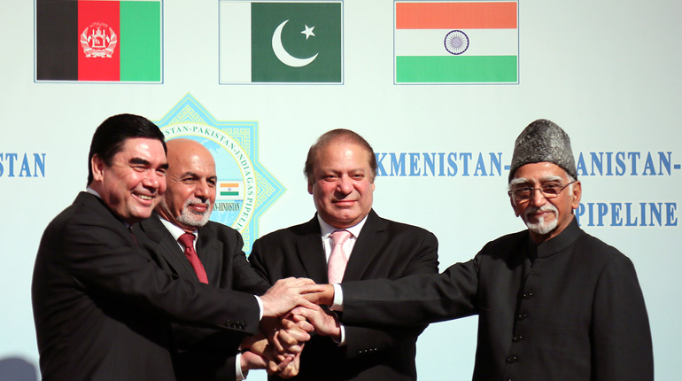 Turkmen President Gurbanguly Berdymukhammedov (far left) broke ground on the TAPI pipeline in December. (PA)