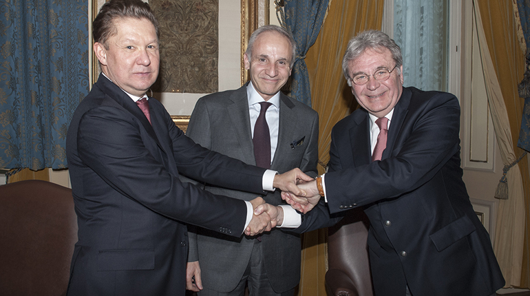 Gazprom’s Alexei Miller, Edison’s Marc Benayoun and DEPA’s Theodoros Kitsakos after signing the MOU. (Gazprom)