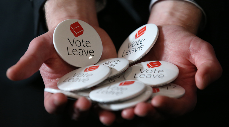 Badges for the UK’s campaign to leave the EU. The referendum on EU membership takes place on 23 June. (PA)