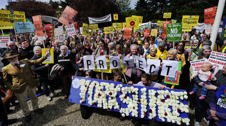 Anti-fracking protesters outside North Yorkshire County Hall, Northallerton, on Friday. (PA)