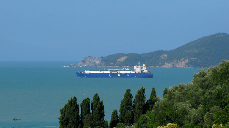 An LNG carrier approaching Panigaglia. Italy’s terminals have been largely idle this year. (Interfax)