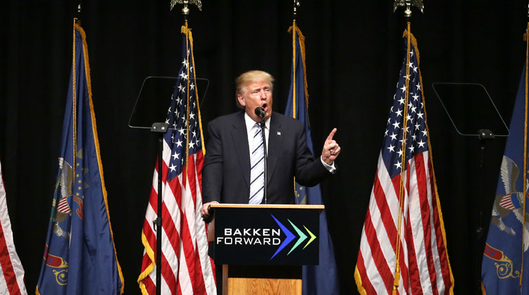 Trump at a rally in Bismarck, North Dakota. In an interview in May, Trump asked: ‘What is LNG?’ (PA)