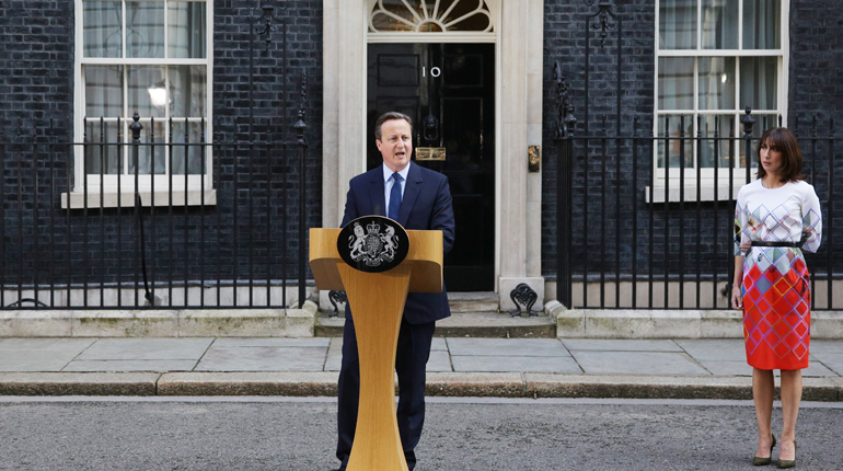 UK Prime Minister David Cameron, with his wife Samantha, announcing his resignation on Friday. (PA)