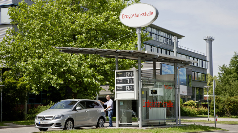 A gas filling station in Germany. NGVs are likely to lose out to EVs in the developed world. (Daimler)