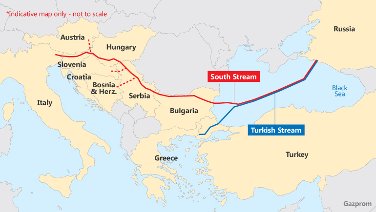 Routes of the proposed Turkish Stream and the cancelled South Stream pipeline.