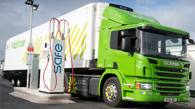 A gas-fuelled HGV in the UK. Trucks offer the best prospects for gas as a transport fuel in the EU. (CNG Fuels)