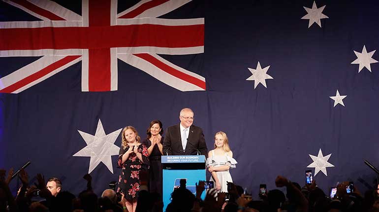 Australian Prime Minister Scott Morrison on stage after his election victory.