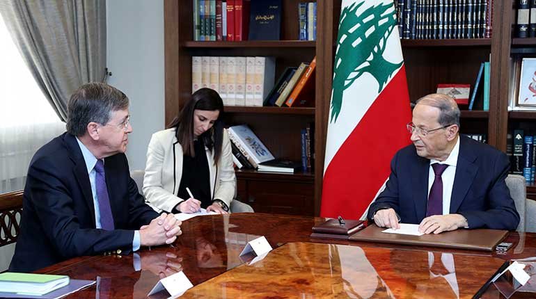 Lebanon's president and the US assistant secretary of state for near-eastern affairs in a meeting.