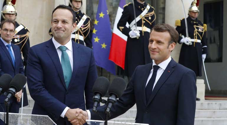 Irish Prime Minister Leo Varadkar (left) with the French president in Paris. (PA)
