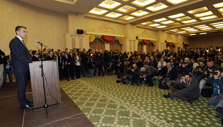M5S leader Luigi Di Maio addresses the press.