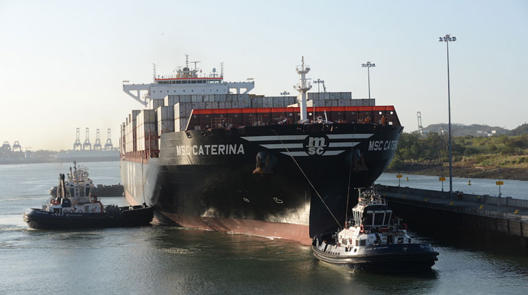 A Neopanamax vessel on the expanded Panama Canal