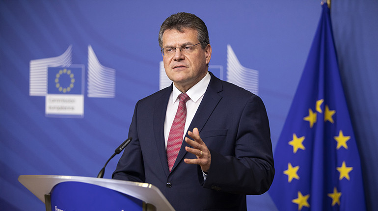 Maroš Šefčovič at a press briefing following the talks on Monday.